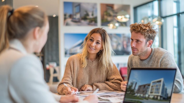 Couple consultant un conseiller immobilier pour trouver un programme neuf et acheter un appartement