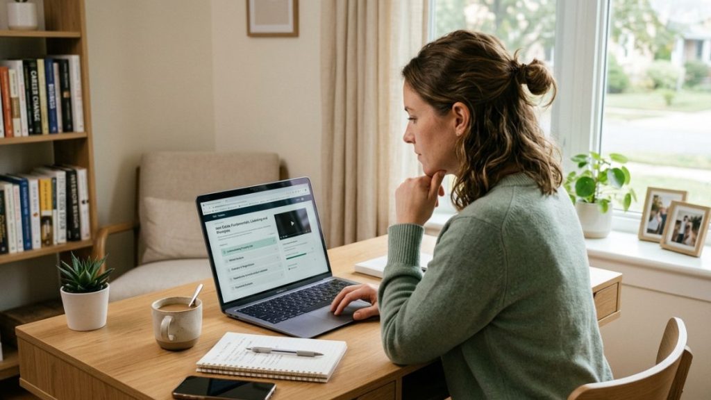 Femme qui travail sur une formation en ligne dans l'immobilier suite à une reconversion professionnelle