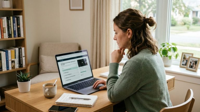 Femme qui travail sur une formation en ligne dans l'immobilier suite à une reconversion professionnelle