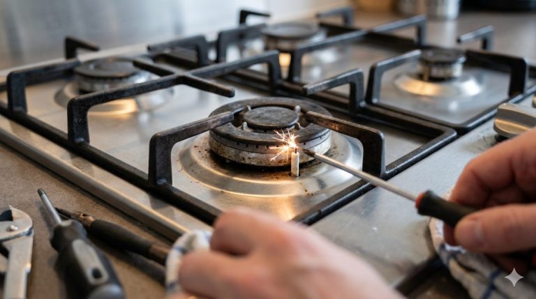 Plaque de cuisson à gaz avec allumage bloqué produisant une étincelle continue dans une cuisine moderne