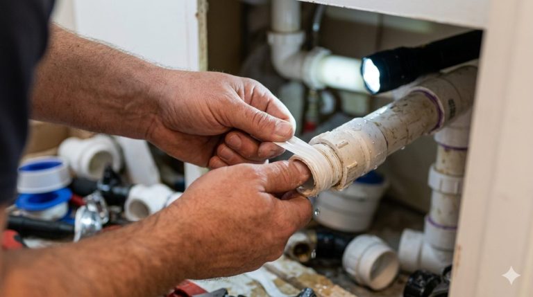 Réparation d’une fuite sur un tuyau PVC difficile d’accès avec mastic ou ruban étanche