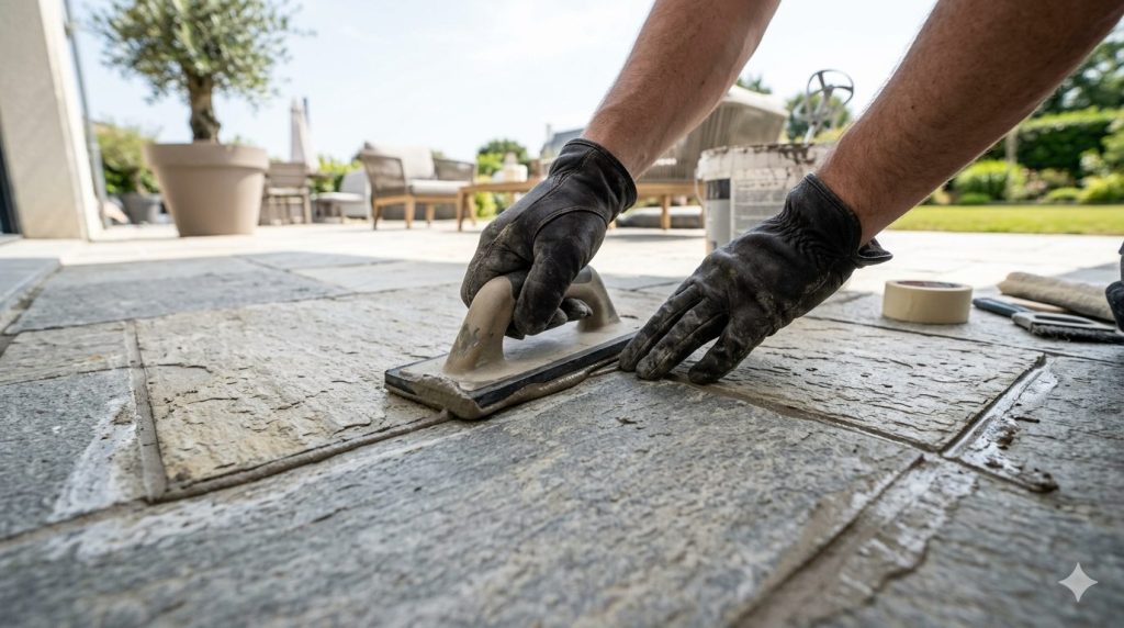 Application de joints sur un carrelage extérieur de terrasse avec taloche dans un environnement lumineux