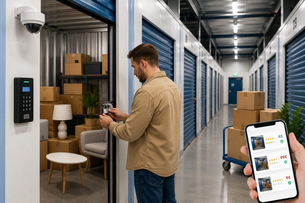 Client sécurisant un garde meuble moderne avec cadenas dans un centre de self-stockage économique en 2026.